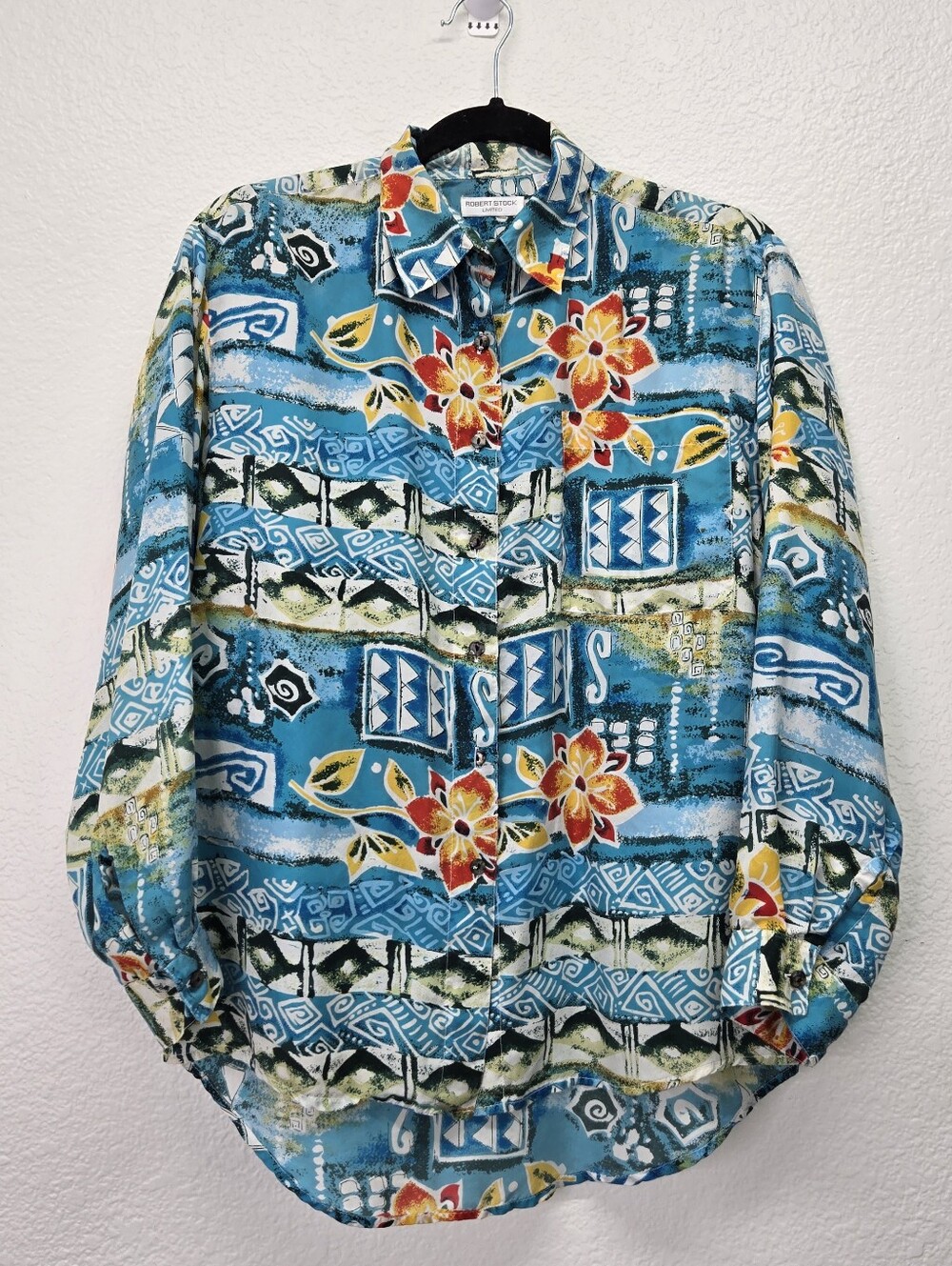 VTG Robert Stock Silk Hawaiian Shirt Womans S Blue Abstract Floral Tropical 90s